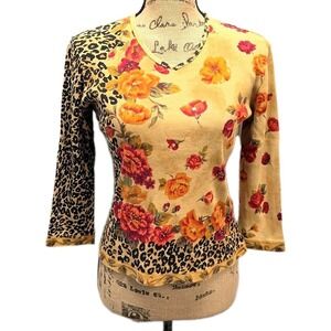 Vintage Y2K Victoria Jones Tan Floral Leopard Top Cottagecore Boho Tee sz M